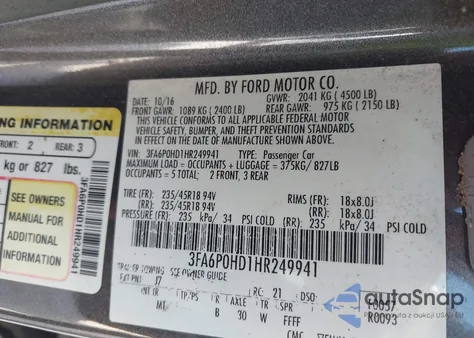 2017 Ford Fusion Se z USA, uszkodzony, nr VIN 3FA6P0HD1HR249941